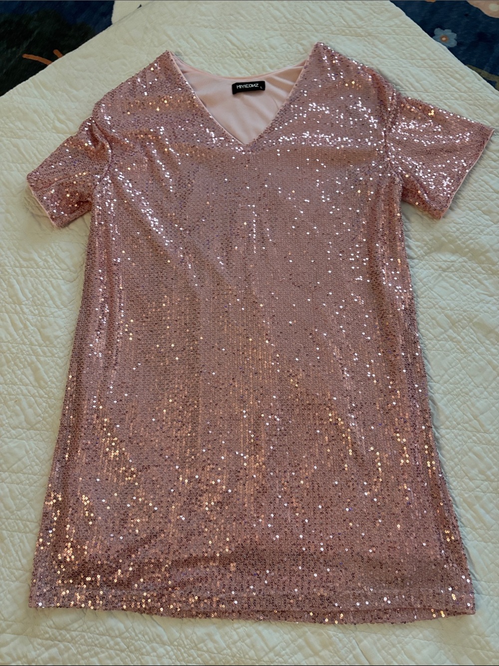 Blush Sequin V‑Neck Mini Dress lined with slip.